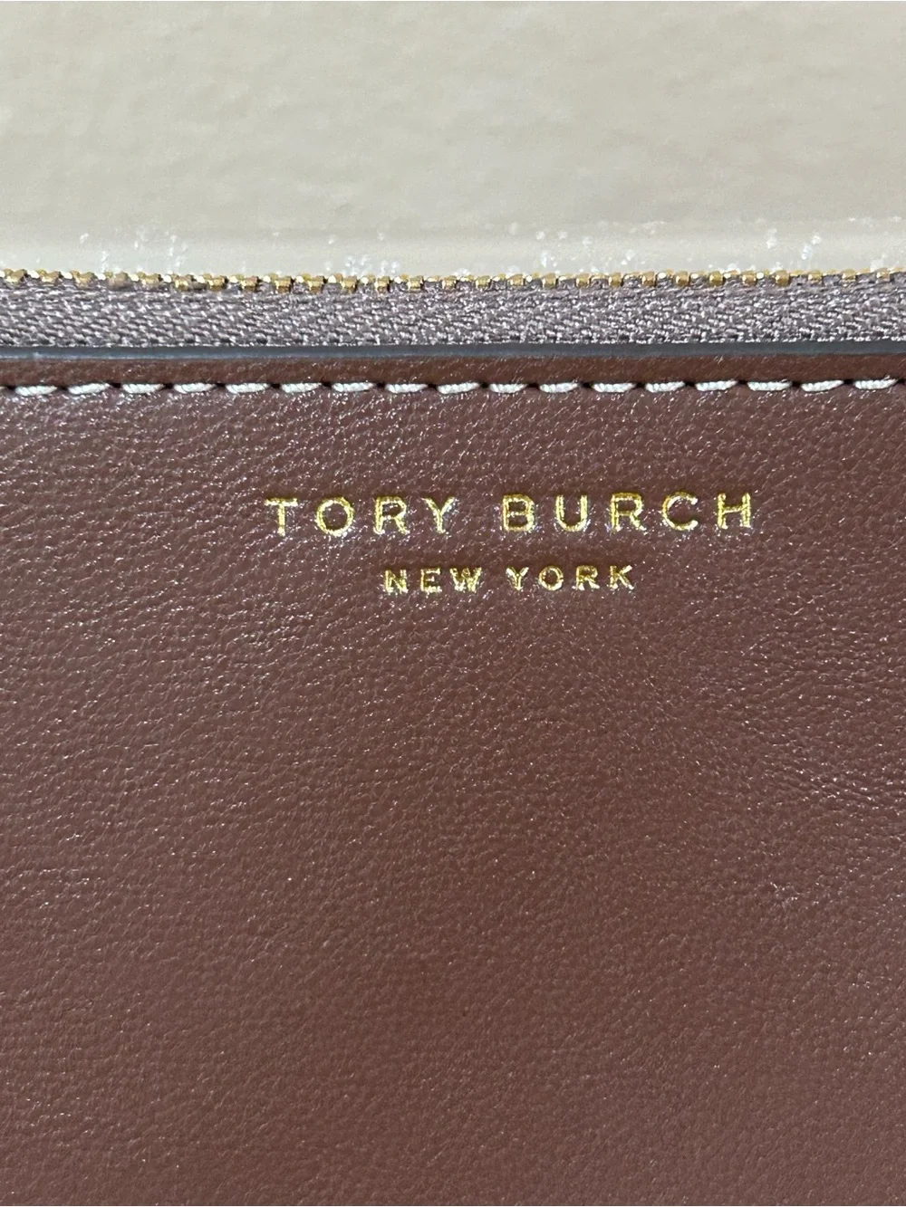 Tory Burch Dark Brown Leather Zip Card Case with Gold Logo